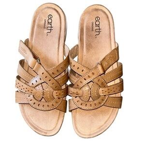 Earth Women’s Tan Leather Sassoni‎ Strappy Casual Slip On Flat Sandals Size 10W